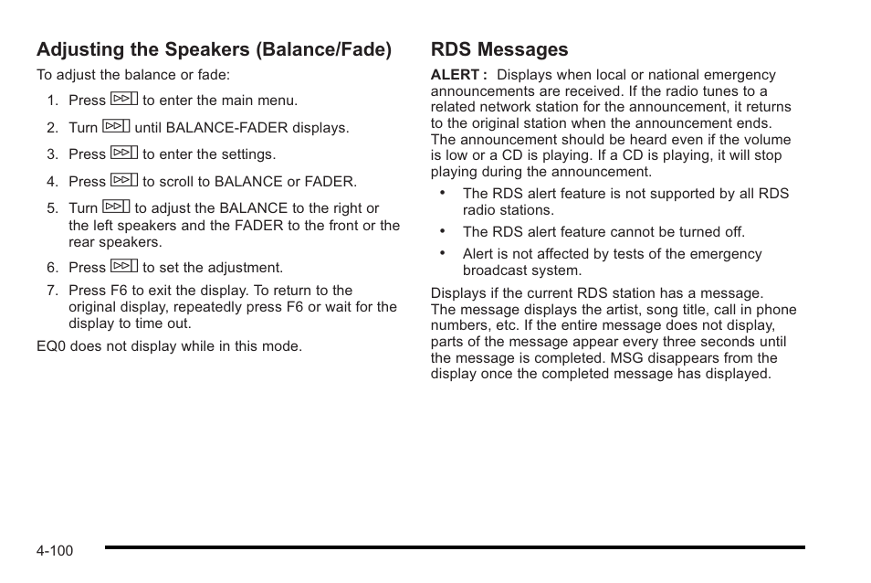 Adjusting the speakers (balance/fade), Rds messages | Cadillac 2010 STS User Manual | Page 280 / 536