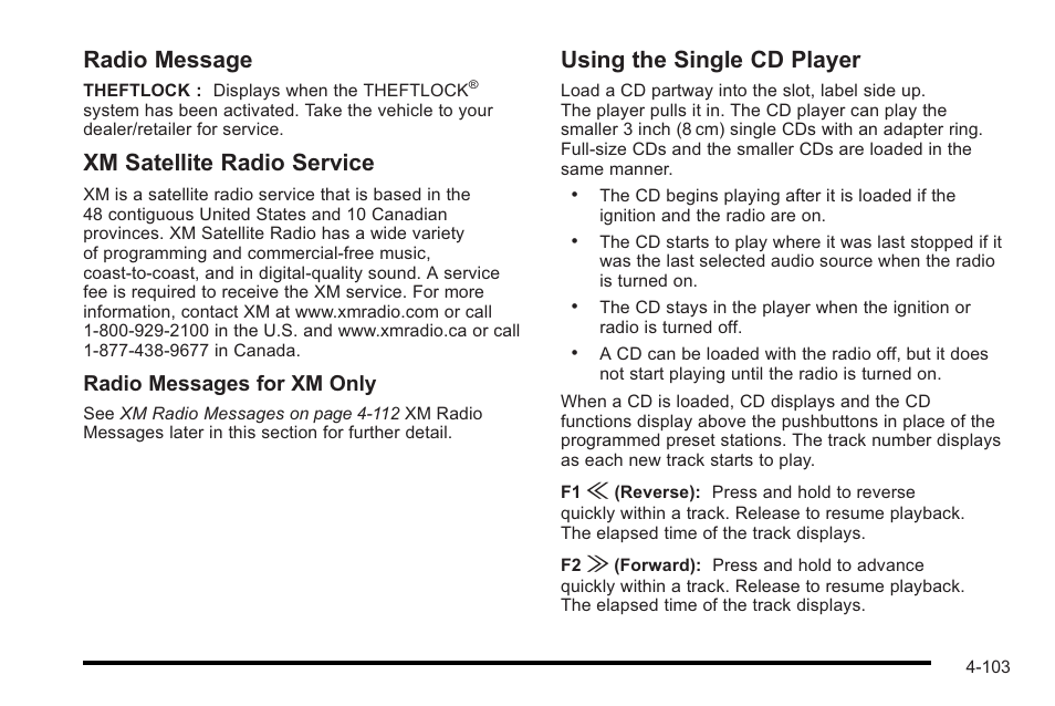 Radio message, Xm satellite radio service, Using the single cd player | Radio messages for xm only | Cadillac 2010 STS User Manual | Page 283 / 536