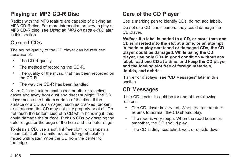 Playing an mp3 cd-r disc, Care of cds, Care of the cd player | Cd messages | Cadillac 2010 STS User Manual | Page 286 / 536