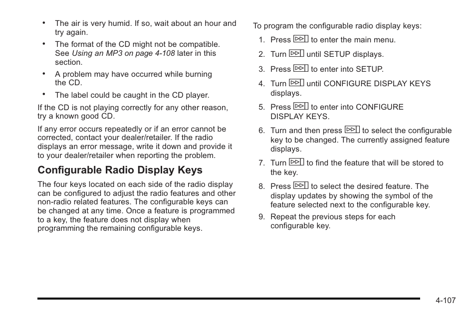 Configurable radio display keys | Cadillac 2010 STS User Manual | Page 287 / 536