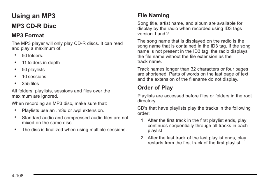 Using an mp3, Using an mp3 -108, Mp3 cd-r disc | Mp3 format, File naming, Order of play | Cadillac 2010 STS User Manual | Page 288 / 536