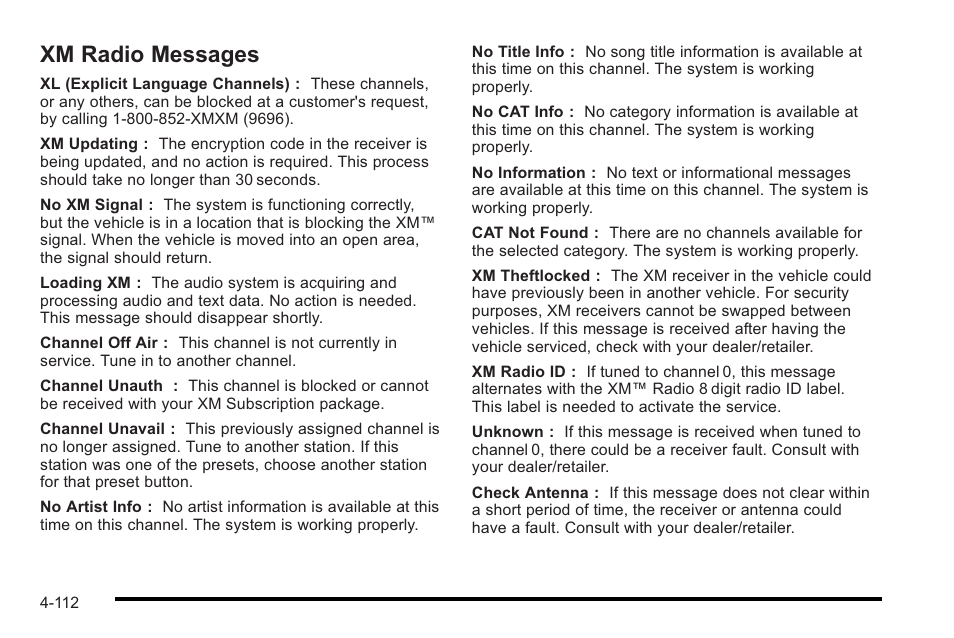 Xm radio messages, Xm radio messages -112 | Cadillac 2010 STS User Manual | Page 292 / 536