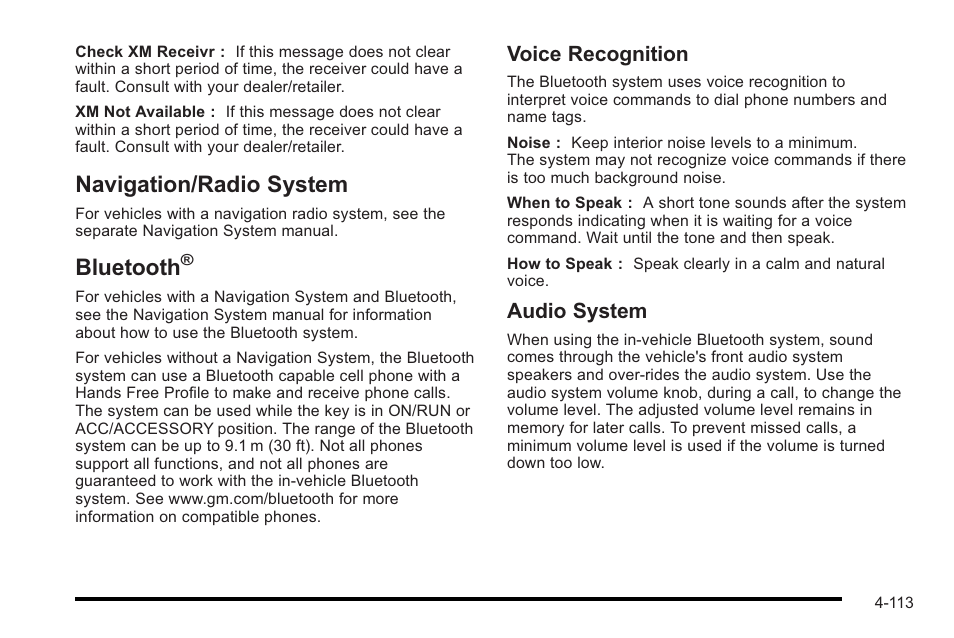 Navigation/radio system, Bluetooth, Navigation/radio | Navigation/radio system -113 bluetooth, Voice recognition, Audio system | Cadillac 2010 STS User Manual | Page 293 / 536