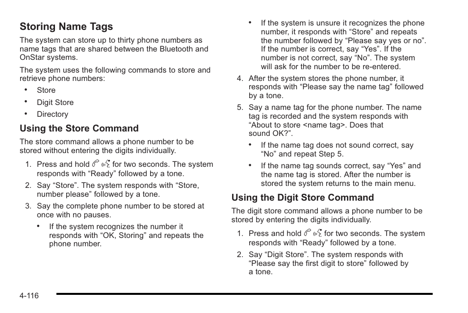 Storing name tags, Using the store command, Using the digit store command | Cadillac 2010 STS User Manual | Page 296 / 536