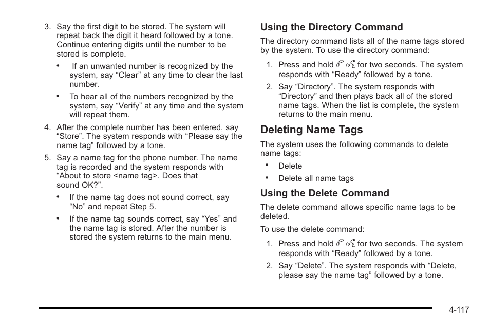 Deleting name tags, Using the directory command, Using the delete command | Cadillac 2010 STS User Manual | Page 297 / 536