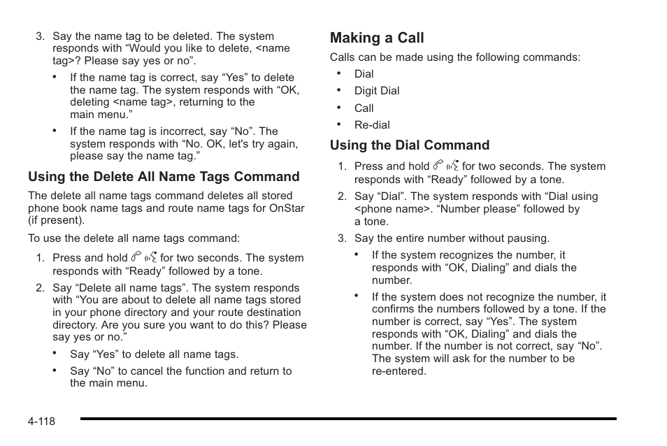 Making a call, Using the delete all name tags command, Using the dial command | Cadillac 2010 STS User Manual | Page 298 / 536