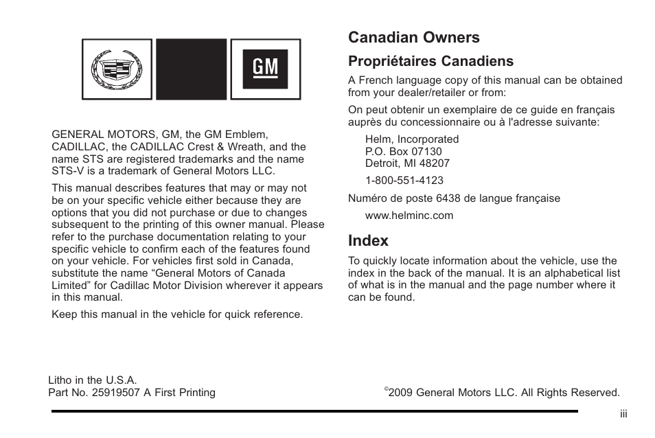 Preface, Canadian owners, Index | Propriétaires canadiens | Cadillac 2010 STS User Manual | Page 3 / 536