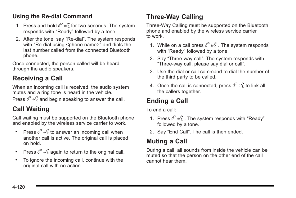 Receiving a call, Call waiting, Three‐way calling | Ending a call, Muting a call | Cadillac 2010 STS User Manual | Page 300 / 536