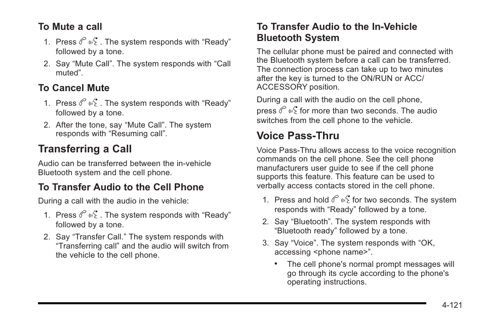 Transferring a call, Voice pass-thru | Cadillac 2010 STS User Manual | Page 301 / 536