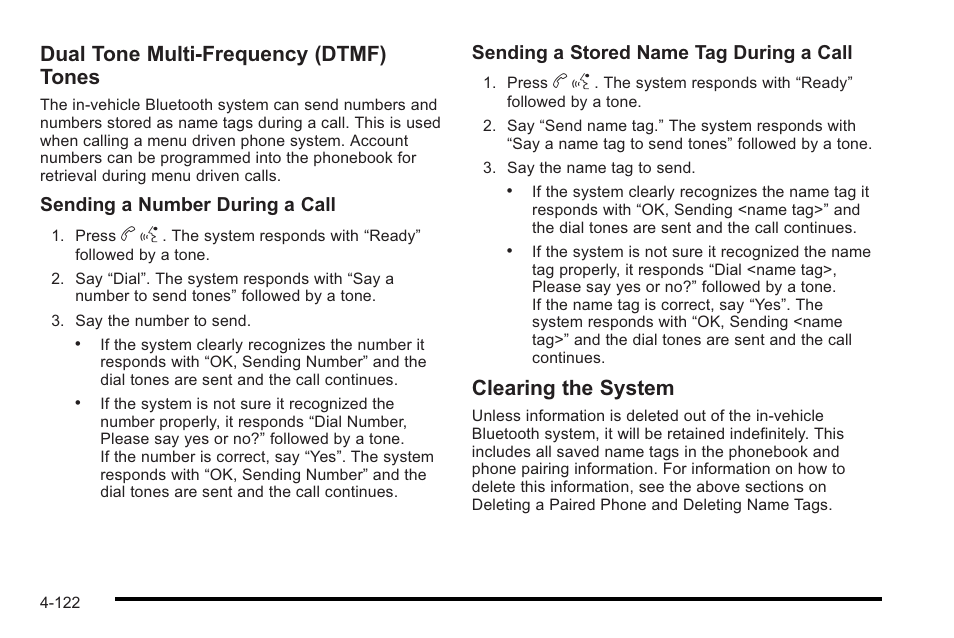 Dual tone multi-frequency (dtmf) tones, Clearing the system, Sending a number during a call | Sending a stored name tag during a call | Cadillac 2010 STS User Manual | Page 302 / 536