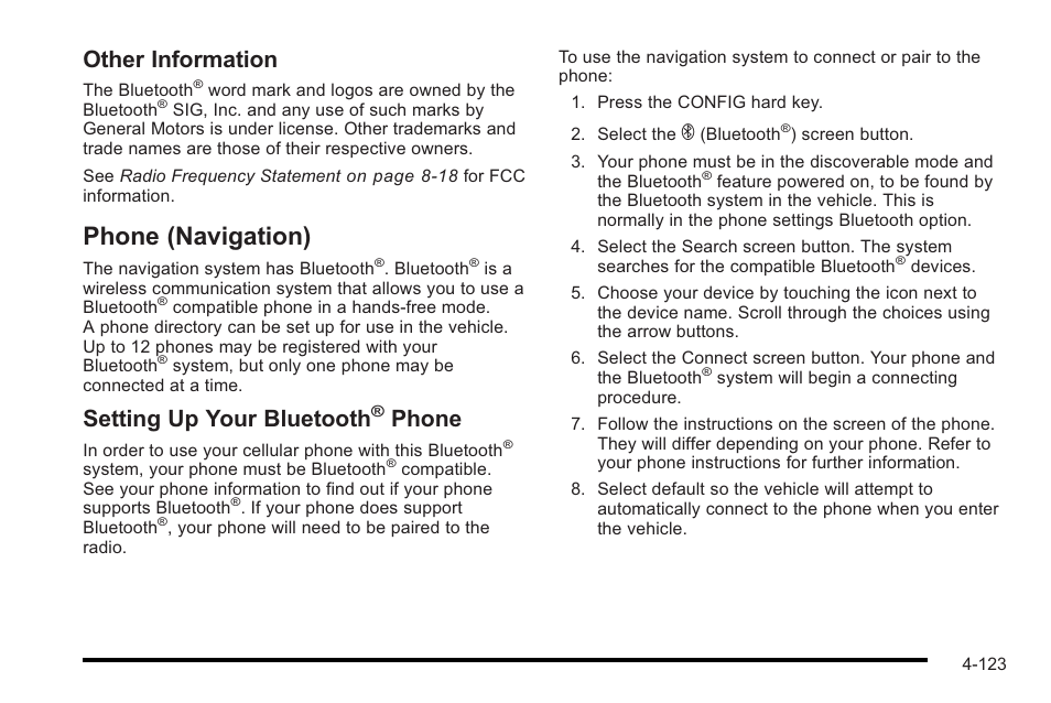 Phone (navigation), Phone (navigation) -123, Other information | Setting up your bluetooth, Phone | Cadillac 2010 STS User Manual | Page 303 / 536