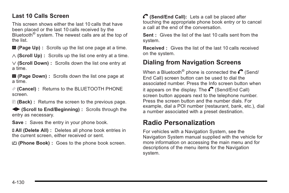 Radio personalization, Radio personalization -130, Dialing from navigation screens | Cadillac 2010 STS User Manual | Page 310 / 536