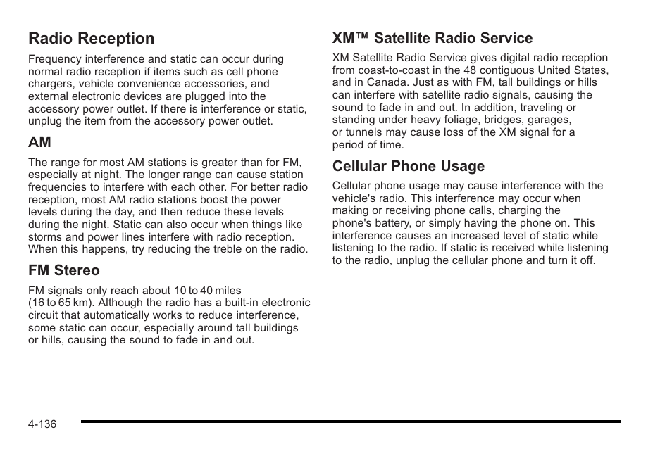 Radio reception, Radio reception -136 | Cadillac 2010 STS User Manual | Page 316 / 536