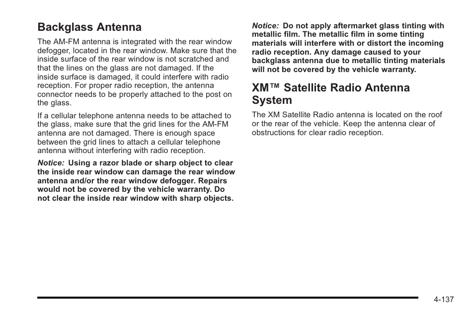 Backglass antenna, Xm satellite radio antenna system, Xm™ satellite radio antenna system -137 | Xm™ satellite radio antenna system | Cadillac 2010 STS User Manual | Page 317 / 536