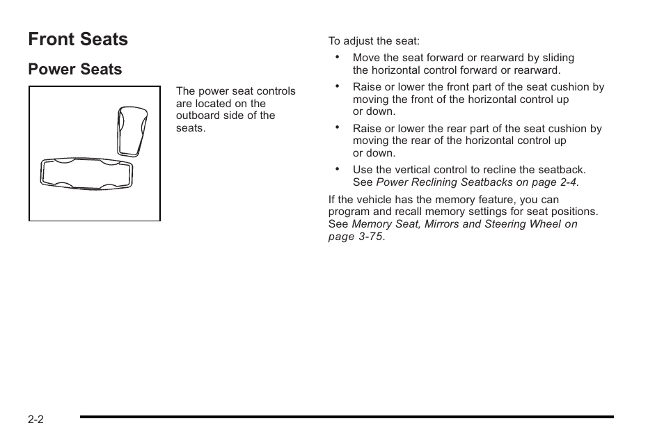 Front seats, Power seats, Front seats -2 | Warning, Power seats -2 | Cadillac 2010 STS User Manual | Page 32 / 536