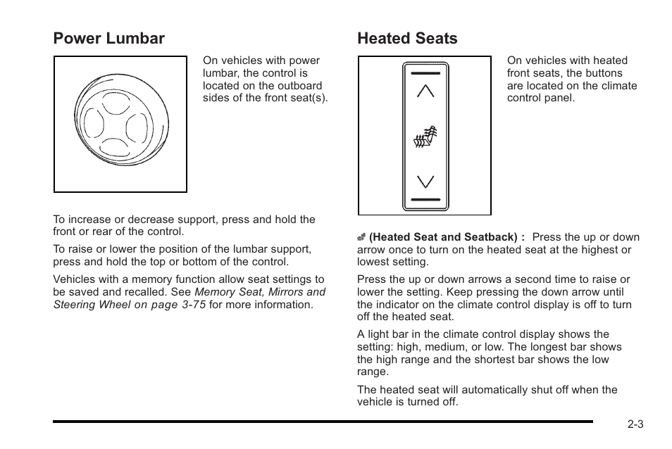 Power lumbar, Heated seats, Power lumbar -3 heated seats -3 | Cadillac 2010 STS User Manual | Page 33 / 536