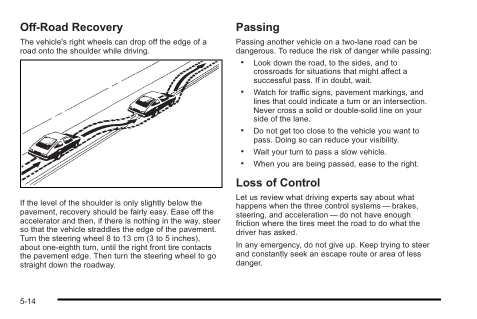 Off-road recovery, Passing, Loss of control | Off-road recovery -14 passing -14, Loss of control -14 | Cadillac 2010 STS User Manual | Page 332 / 536