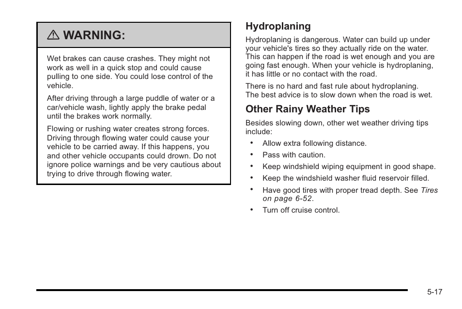 Warning, Hydroplaning, Other rainy weather tips | Cadillac 2010 STS User Manual | Page 335 / 536