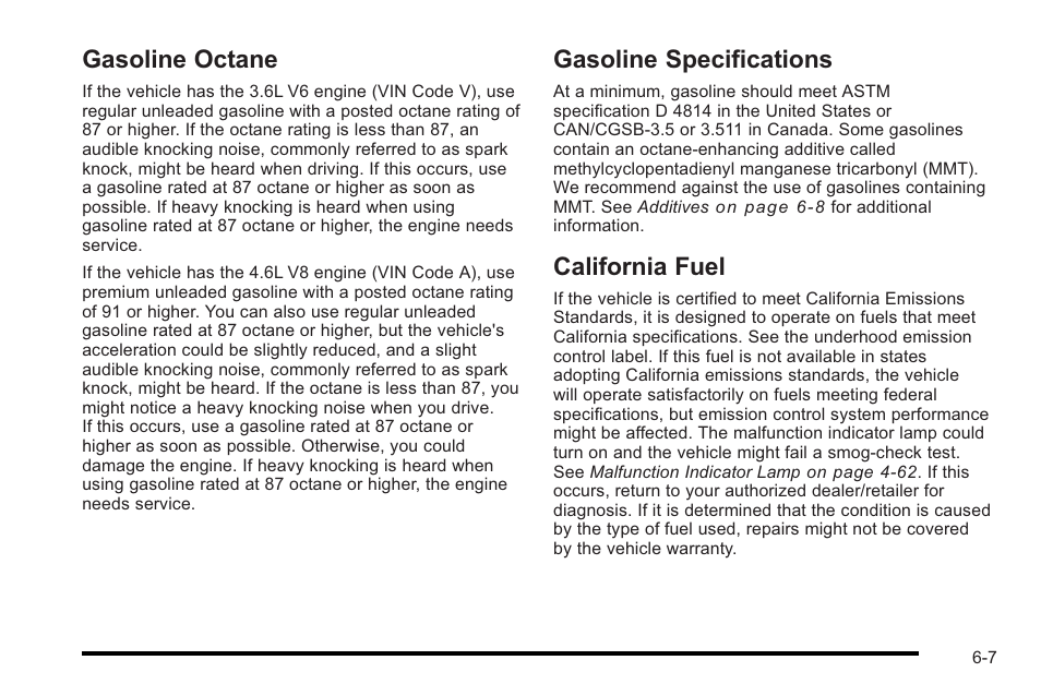 Gasoline octane, Gasoline specifications, California fuel | Cadillac 2010 STS User Manual | Page 363 / 536