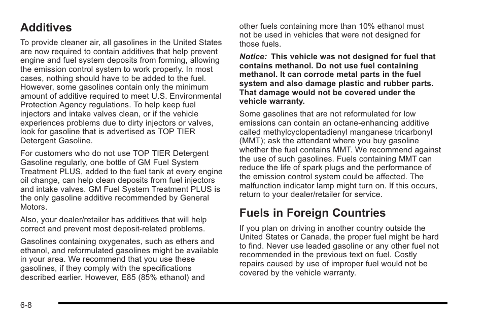 Additives, Fuels in foreign countries, Additives -8 fuels in foreign countries -8 | Cadillac 2010 STS User Manual | Page 364 / 536