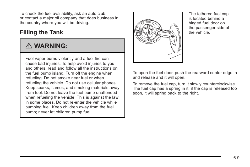 Filling the tank, Filling the tank -9, Warning | Cadillac 2010 STS User Manual | Page 365 / 536