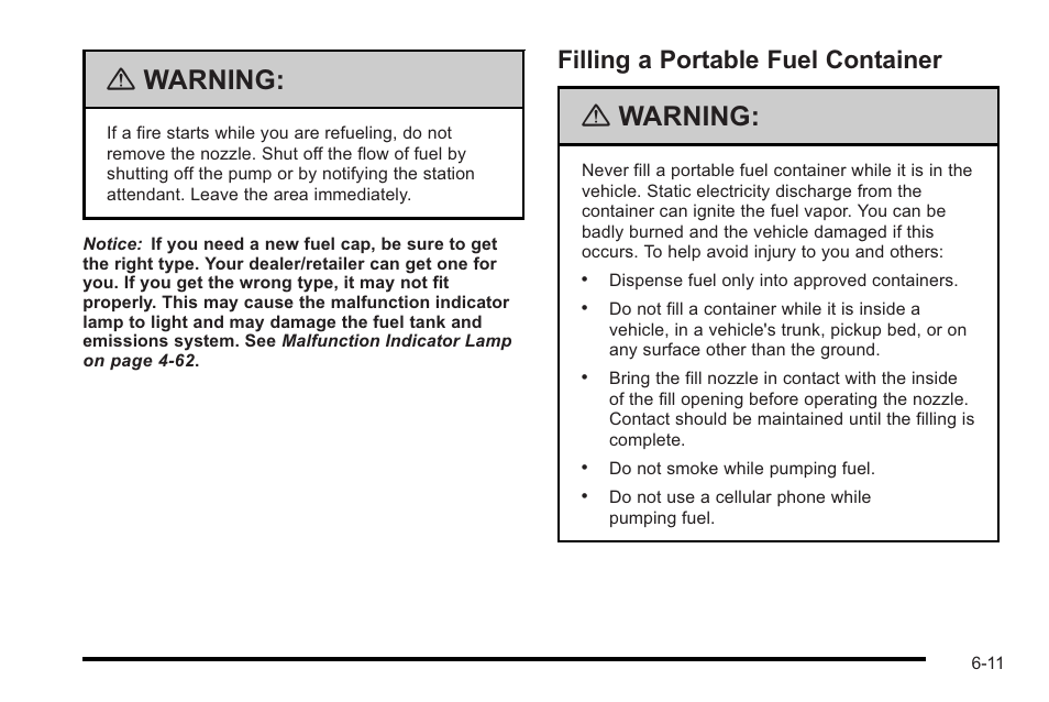 Filling a portable fuel container, Filling a portable fuel container -11, Warning | Cadillac 2010 STS User Manual | Page 367 / 536