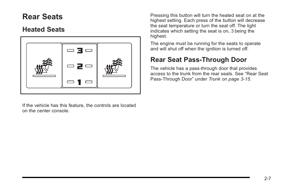 Rear seats, Heated seats, Rear seat pass-through door | Rear seats -7, Driver, Heated seats -7 rear seat pass-through door -7 | Cadillac 2010 STS User Manual | Page 37 / 536