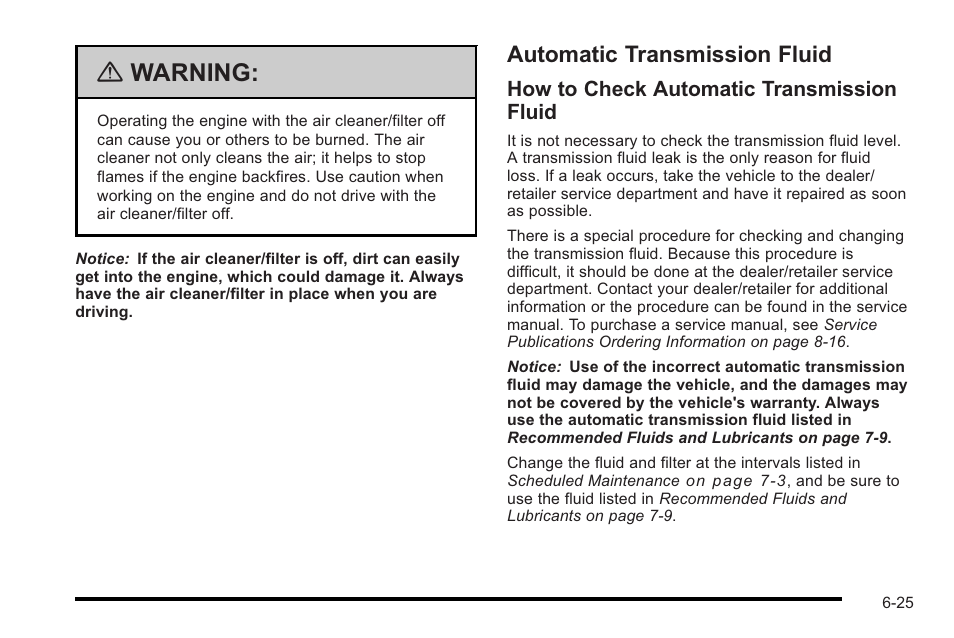 Automatic transmission fluid, Automatic transmission fluid -25, Warning | Cadillac 2010 STS User Manual | Page 381 / 536