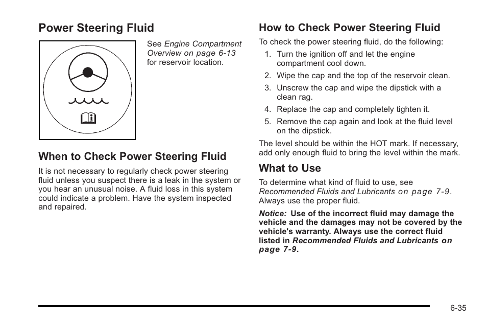 Power steering fluid, Power steering fluid -35, Power | When to check power steering fluid, How to check power steering fluid, What to use | Cadillac 2010 STS User Manual | Page 391 / 536