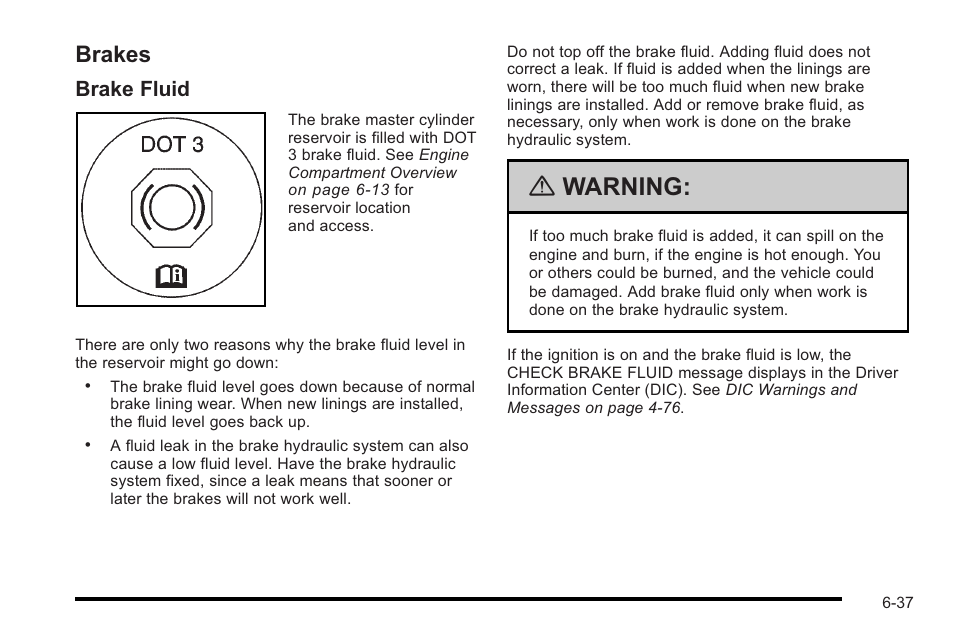 Brakes, Brakes -37, Warning | Brake fluid | Cadillac 2010 STS User Manual | Page 393 / 536