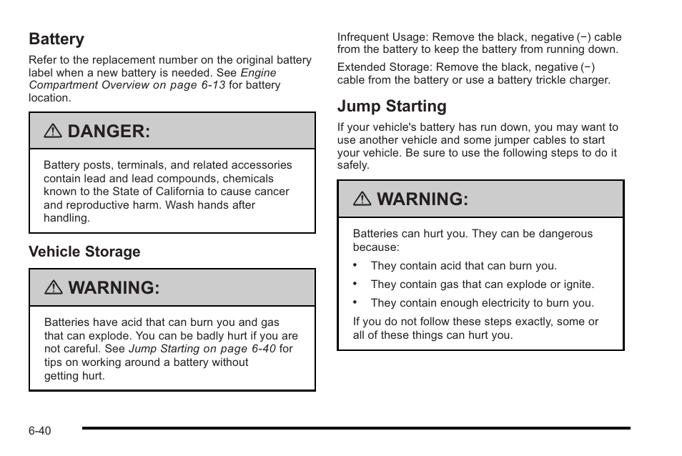 Battery, Jump starting, Battery -40 jump starting -40 | Danger, Warning | Cadillac 2010 STS User Manual | Page 396 / 536