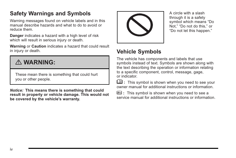 Safety warnings and symbols, Vehicle symbols, Warning | Cadillac 2010 STS User Manual | Page 4 / 536