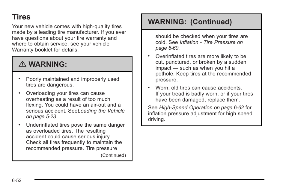 Tires, Tires -52, Customer assistance information -1 | Warning, Warning: (continued) | Cadillac 2010 STS User Manual | Page 408 / 536