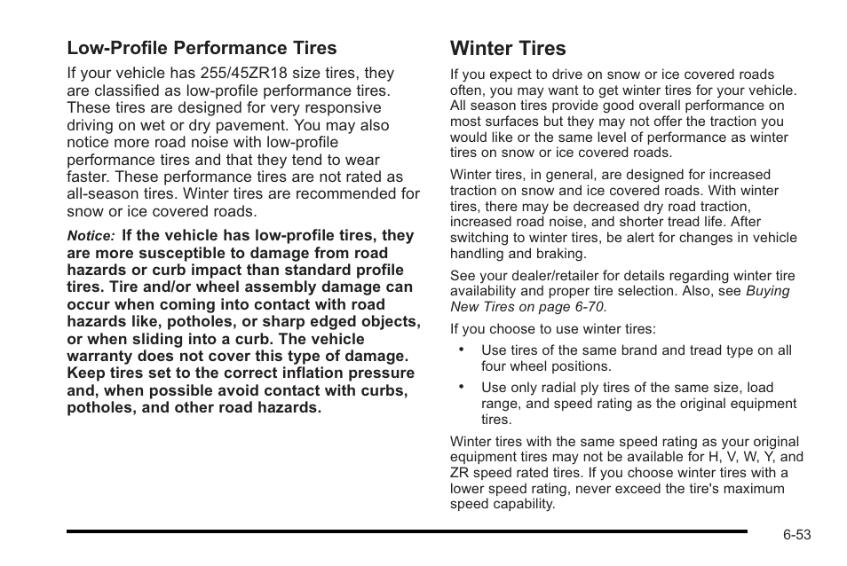 Winter tires, Winter tires -53, Low‐profile performance tires | Cadillac 2010 STS User Manual | Page 409 / 536