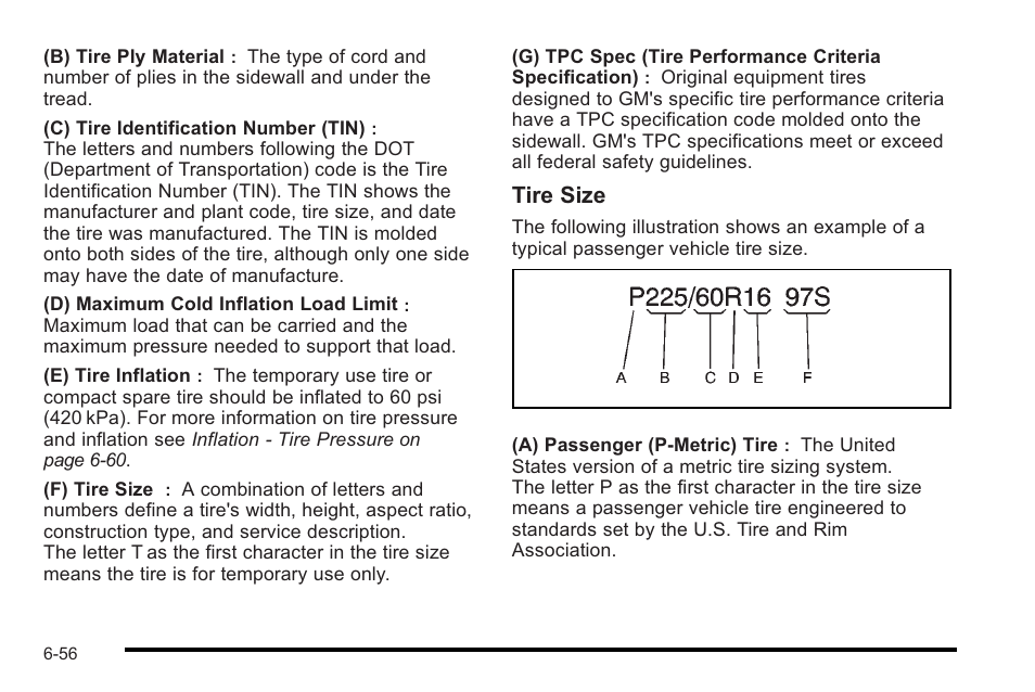 Tire size | Cadillac 2010 STS User Manual | Page 412 / 536