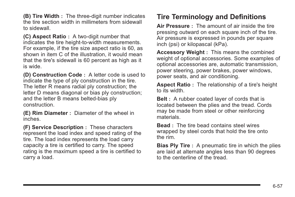 Tire terminology and definitions, Tire terminology and definitions -57 | Cadillac 2010 STS User Manual | Page 413 / 536