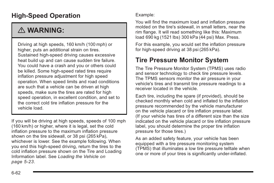 High-speed operation, Tire pressure monitor system, High-speed operation -62 | Tire pressure monitor system -62, Warning | Cadillac 2010 STS User Manual | Page 418 / 536