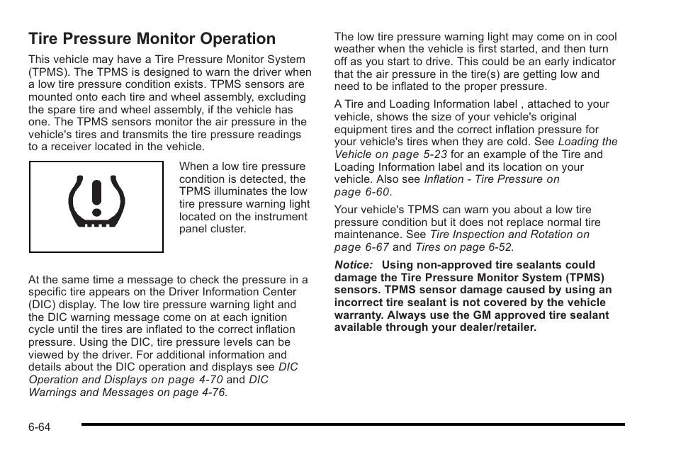 Tire pressure monitor operation, Tire pressure monitor operation -64 | Cadillac 2010 STS User Manual | Page 420 / 536