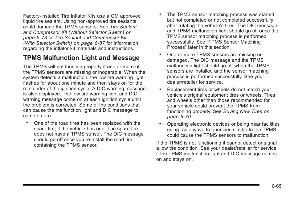 Tpms malfunction light and message | Cadillac 2010 STS User Manual | Page 421 / 536