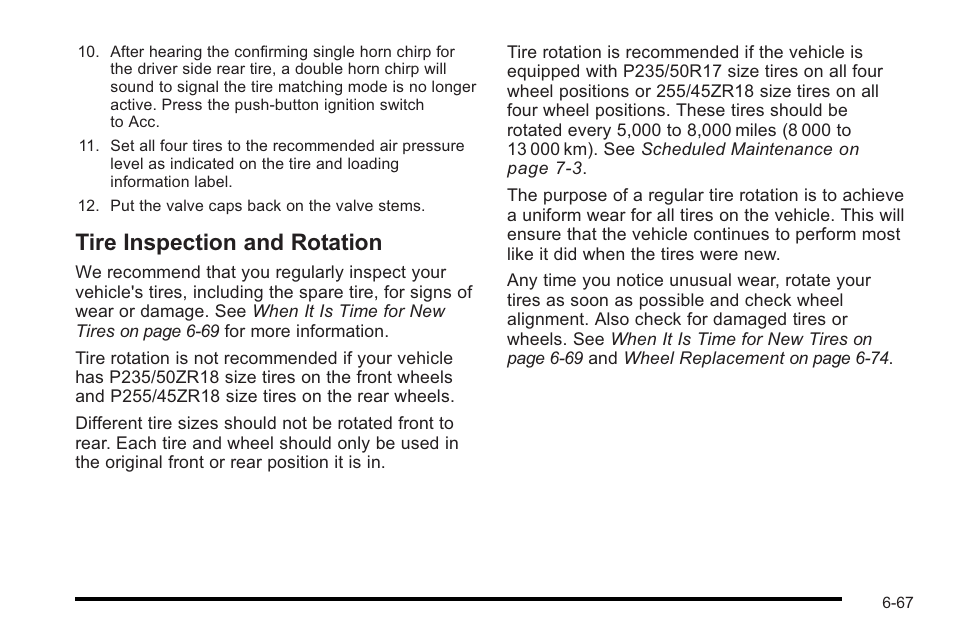 Tire inspection and rotation, Tire inspection and rotation -67 | Cadillac 2010 STS User Manual | Page 423 / 536