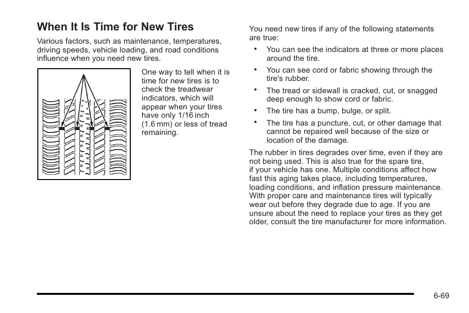 When it is time for new tires, When it is time for new tires -69 | Cadillac 2010 STS User Manual | Page 425 / 536