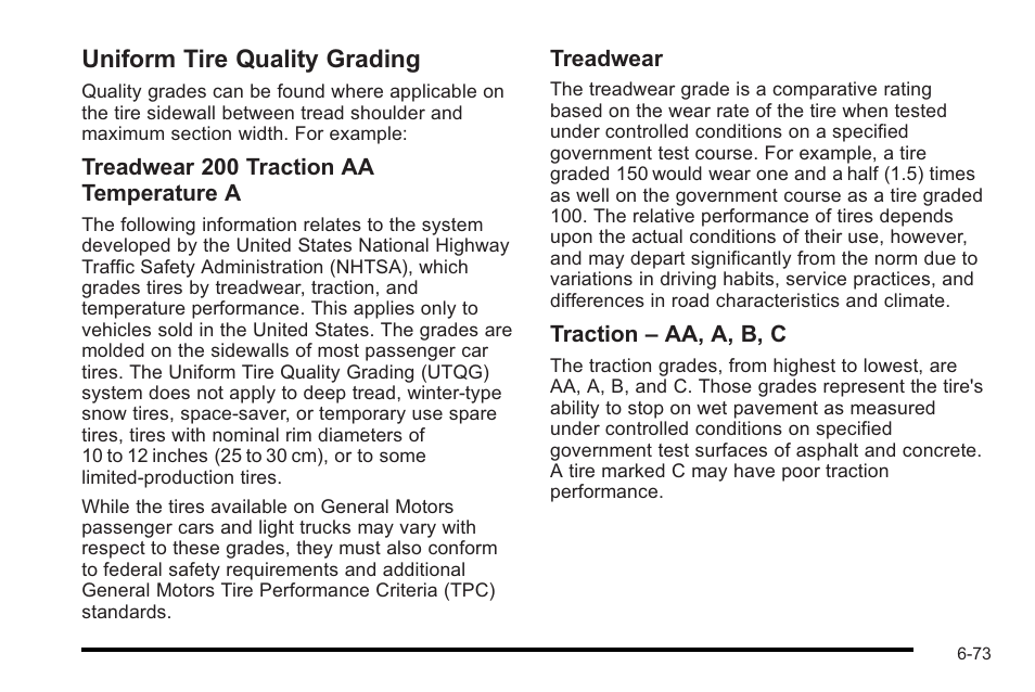 Uniform tire quality grading, Uniform tire quality grading -73, Wood | Cadillac 2010 STS User Manual | Page 429 / 536