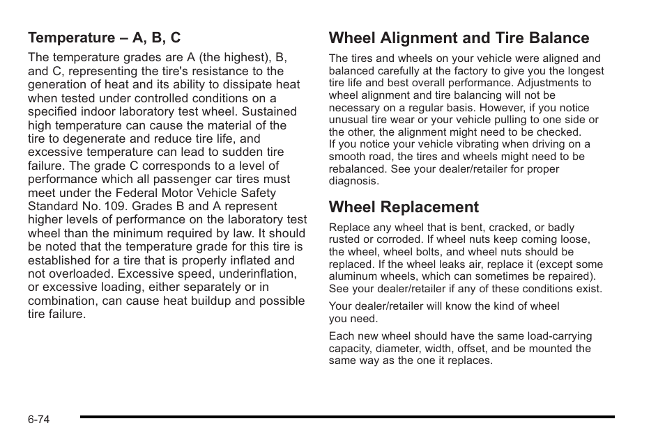 Wheel alignment and tire balance, Wheel replacement, Temperature – a, b, c | Cadillac 2010 STS User Manual | Page 430 / 536