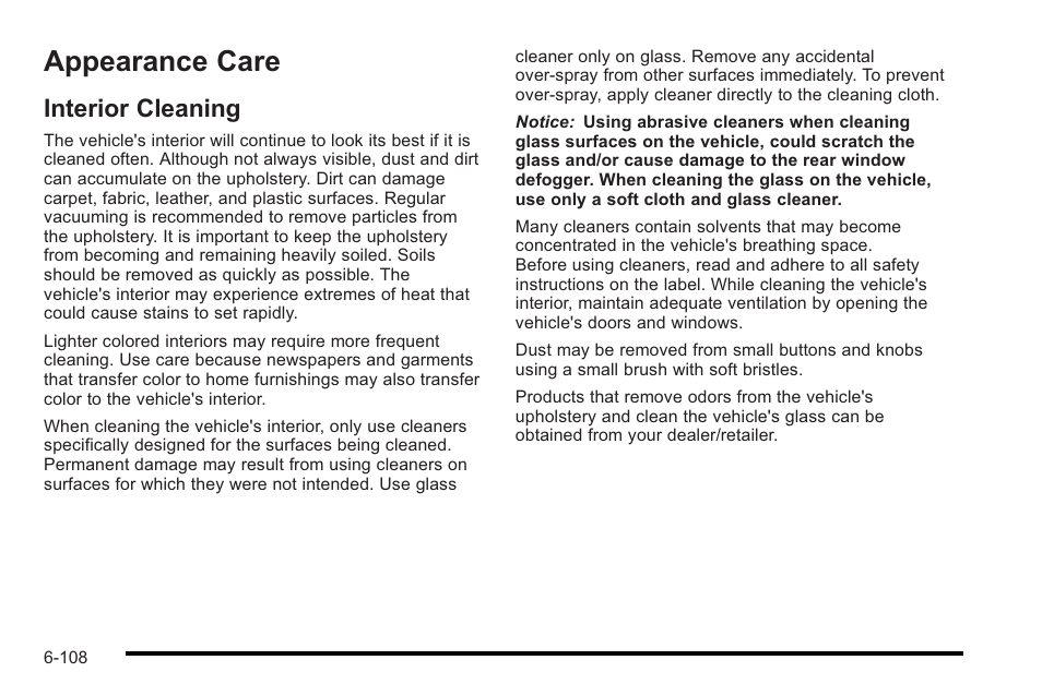 Appearance care, Interior cleaning, Appearance care -108 | Customer assistance and information, Interior cleaning -108 | Cadillac 2010 STS User Manual | Page 464 / 536