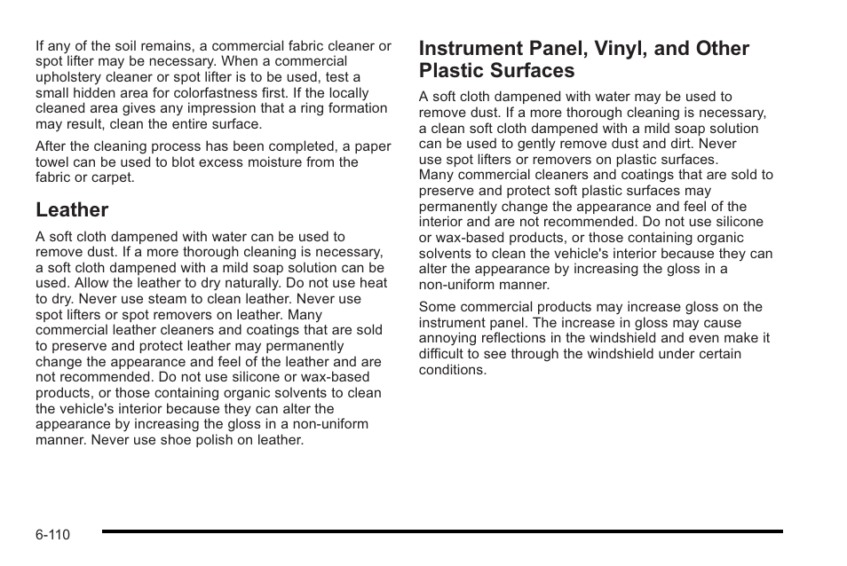 Leather, Surfaces -110 | Cadillac 2010 STS User Manual | Page 466 / 536