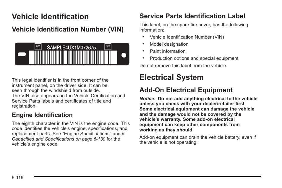 Vehicle identification, Vehicle identification number (vin), Service parts identification label | Electrical system, Add-on electrical equipment, Vehicle identification -116 electrical system -116, Vehicle data recording, Vehicle identification -116, Electrical system -116, Add-on electrical equipment -116 | Cadillac 2010 STS User Manual | Page 472 / 536