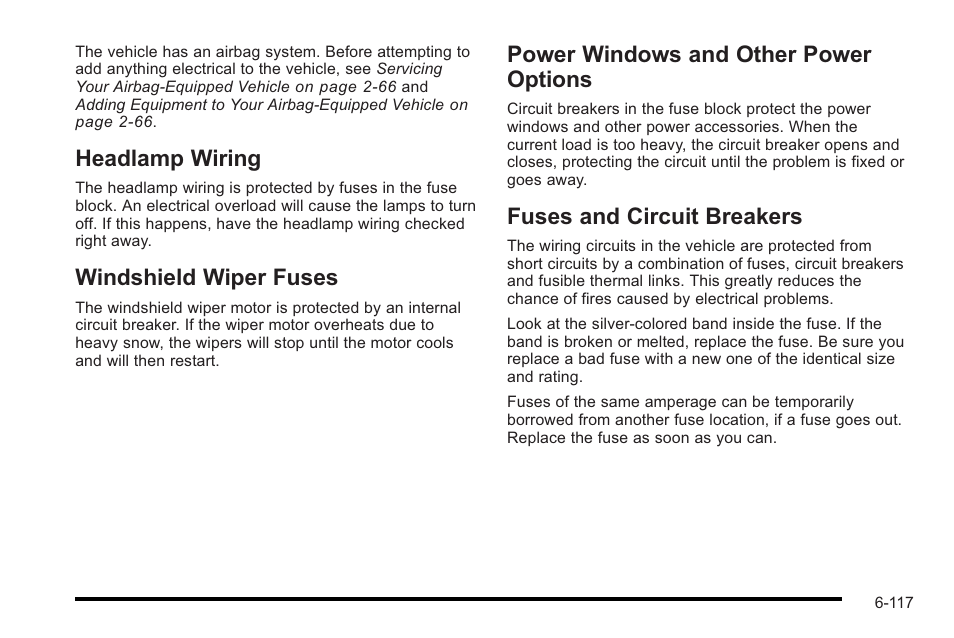 Headlamp wiring, Windshield wiper fuses, Power windows and other power options | Fuses and circuit breakers, Headlamp wiring -117 windshield wiper fuses -117 | Cadillac 2010 STS User Manual | Page 473 / 536