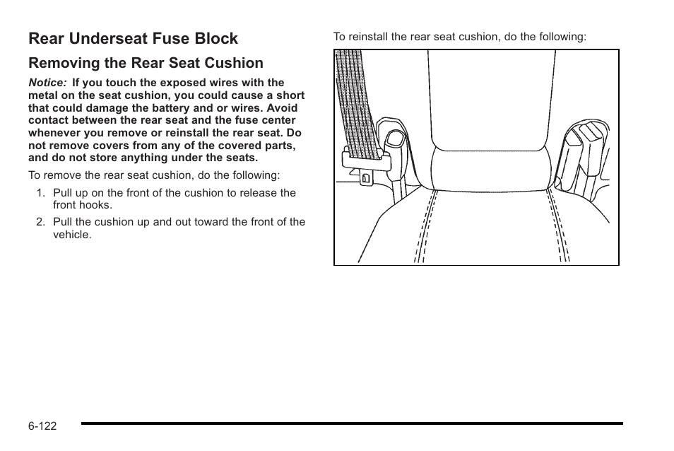 Rear underseat fuse block, Rear underseat fuse block -122, Removing the rear seat cushion | Cadillac 2010 STS User Manual | Page 478 / 536