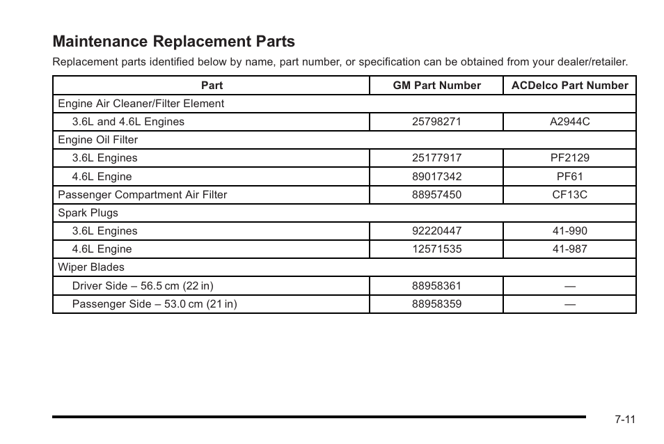 Maintenance replacement parts, Maintenance replacement parts -11 | Cadillac 2010 STS User Manual | Page 499 / 536