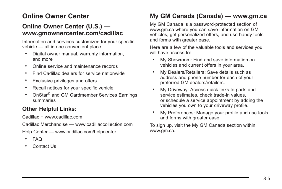 Online owner center, Online owner center -5, Other helpful links | Cadillac 2010 STS User Manual | Page 509 / 536